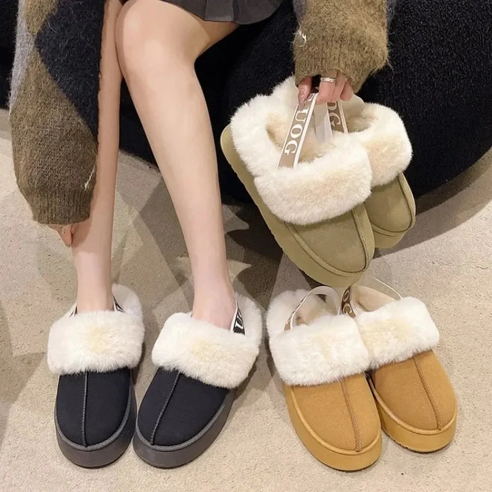 Merendy Fatema Round toe Platform Slingback Faux Suede Fur Slippers