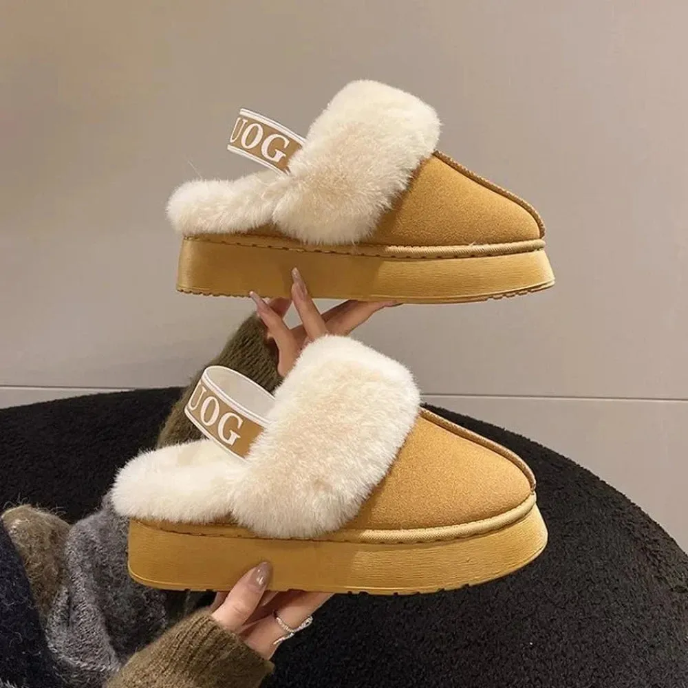 Merendy Fatema Round toe Platform Slingback Faux Suede Fur Slippers