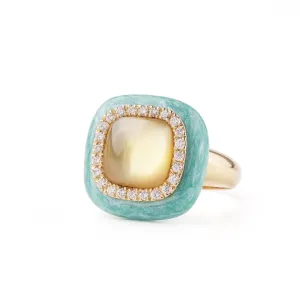 Mint green enamel and light citrin 18k yellow gold and diamond ring