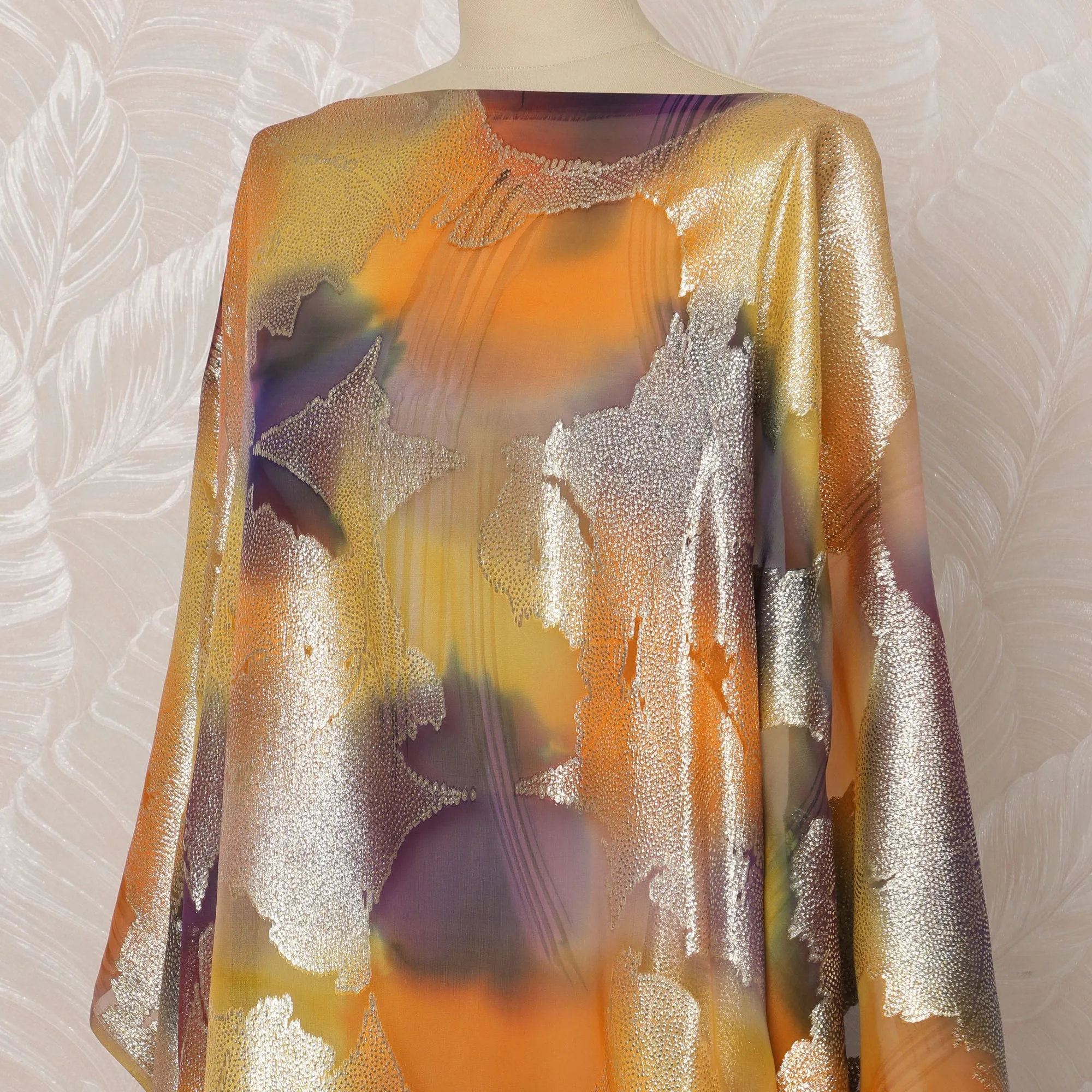Orange and Silver Abstract Silk Chiffon Dirac Fabric with Metallic Lurex, 3.5 Meters, 140 cm Width-D20795