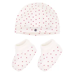 Petit Bateau Baby Hat And Booties Set White With Red Hearts