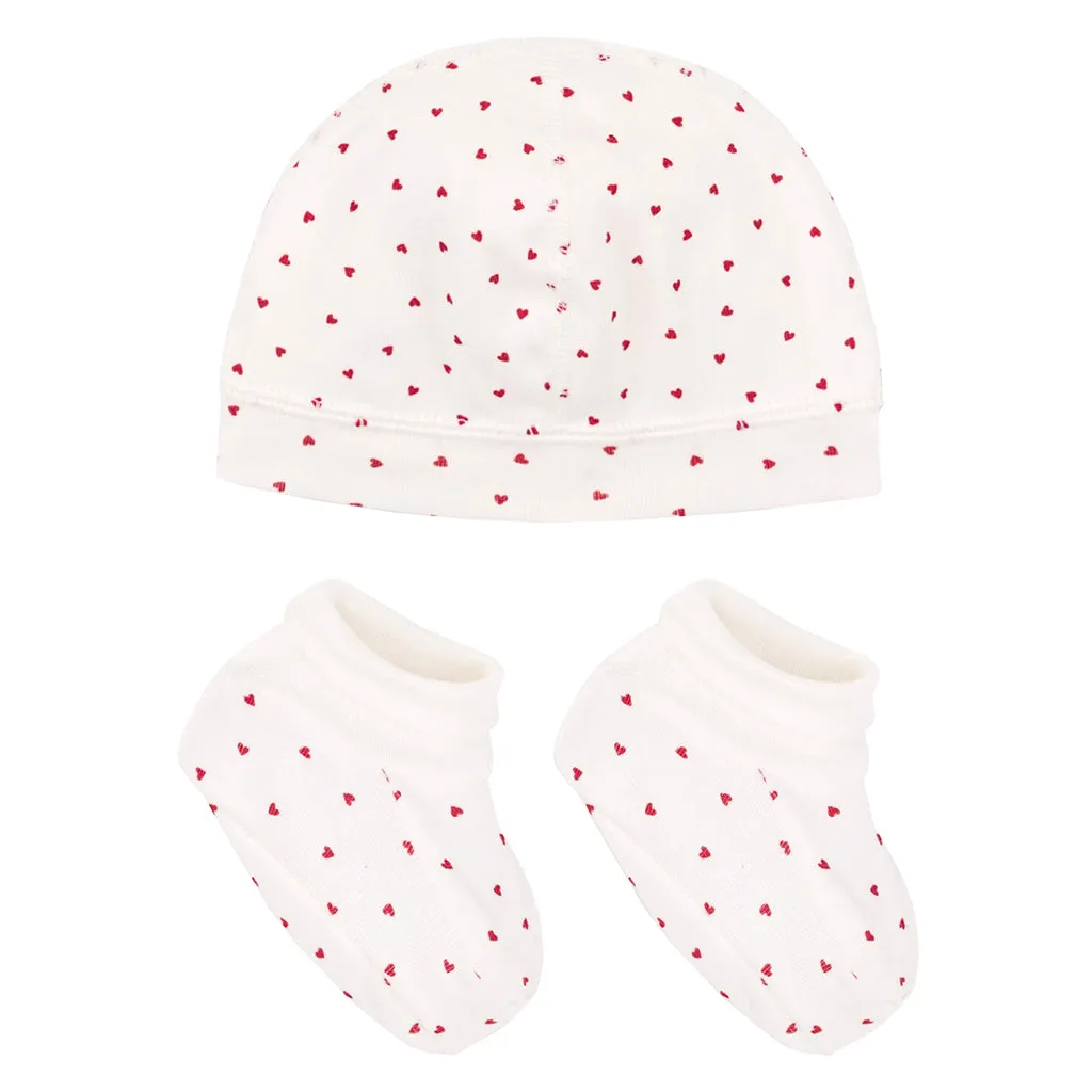 Petit Bateau Baby Hat And Booties Set White With Red Hearts