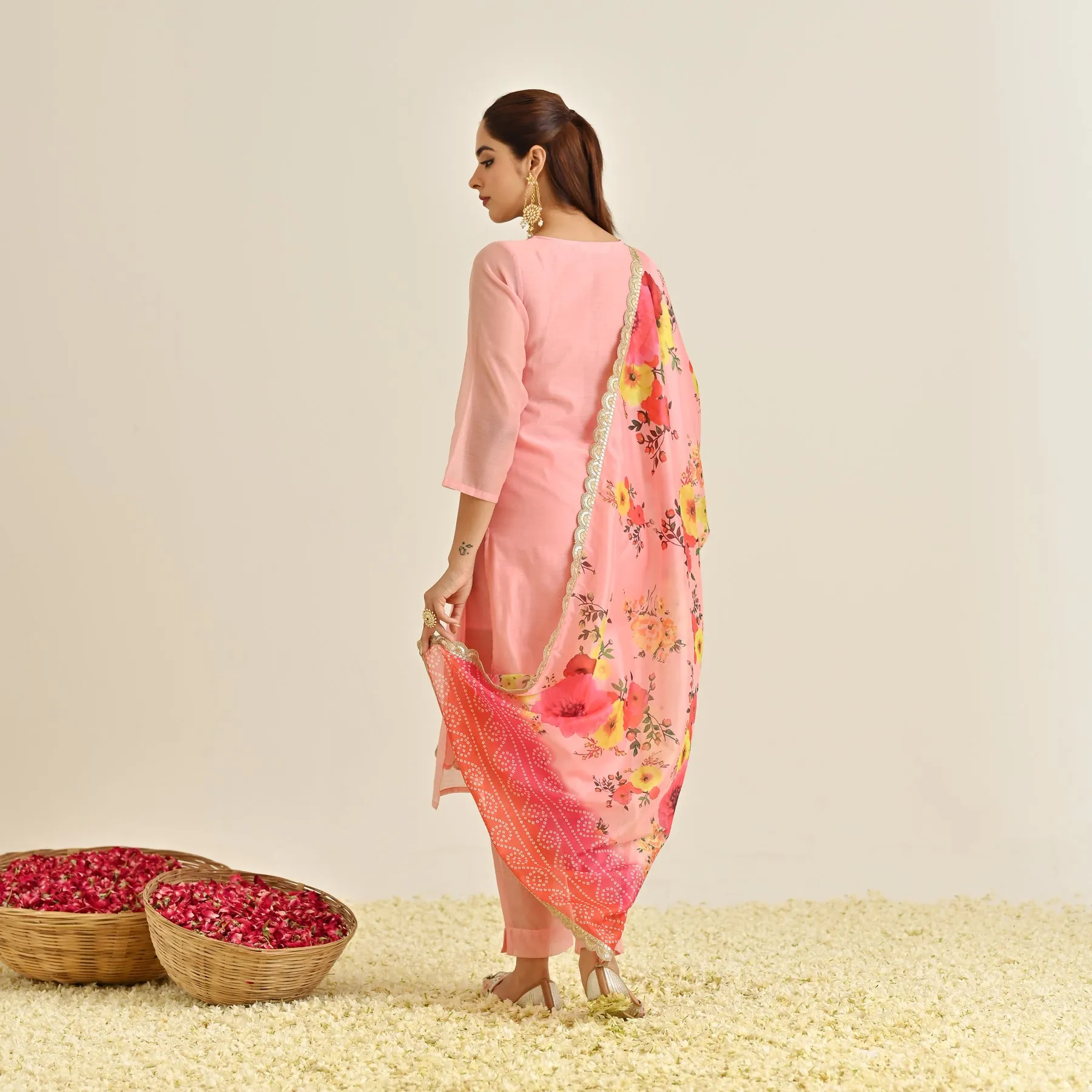 Pink Festive Embroidered Kurta Set with Printed Dupatta & Round Yoke Detail