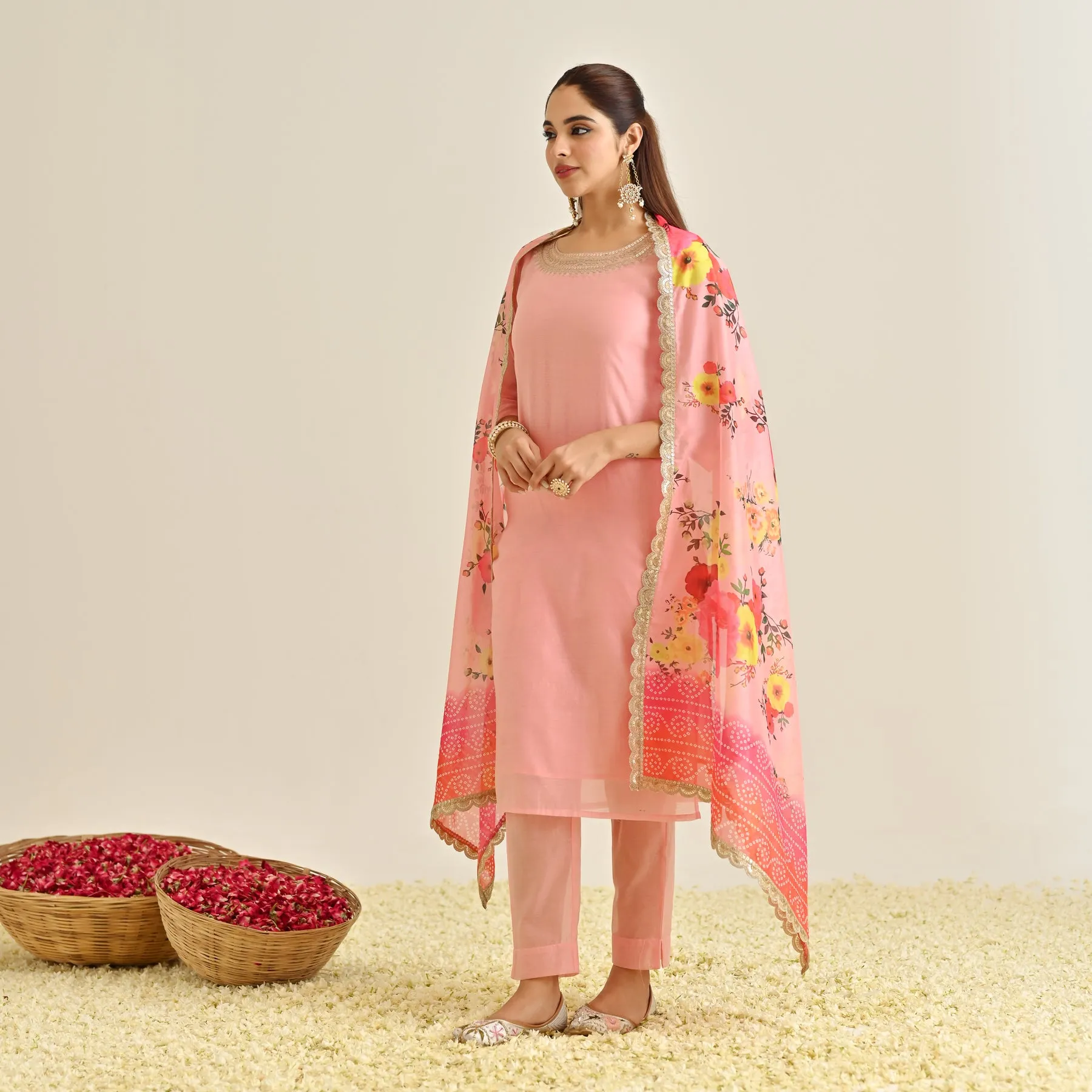 Pink Festive Embroidered Kurta Set with Printed Dupatta & Round Yoke Detail