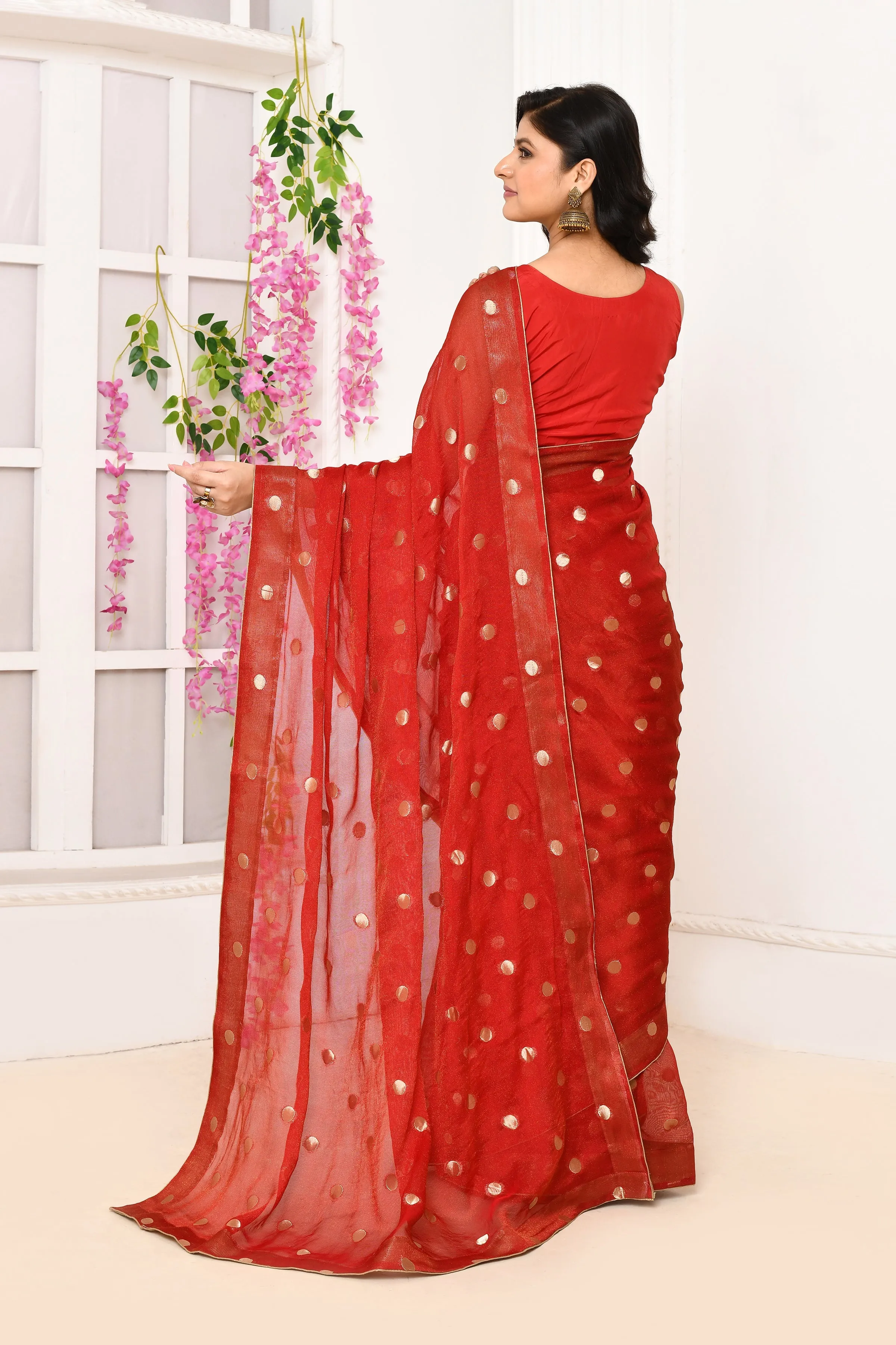 Red Chiffon Tissue Saree With Golden Polka Dots