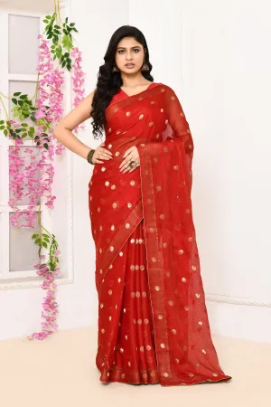 Red Chiffon Tissue Saree With Golden Polka Dots