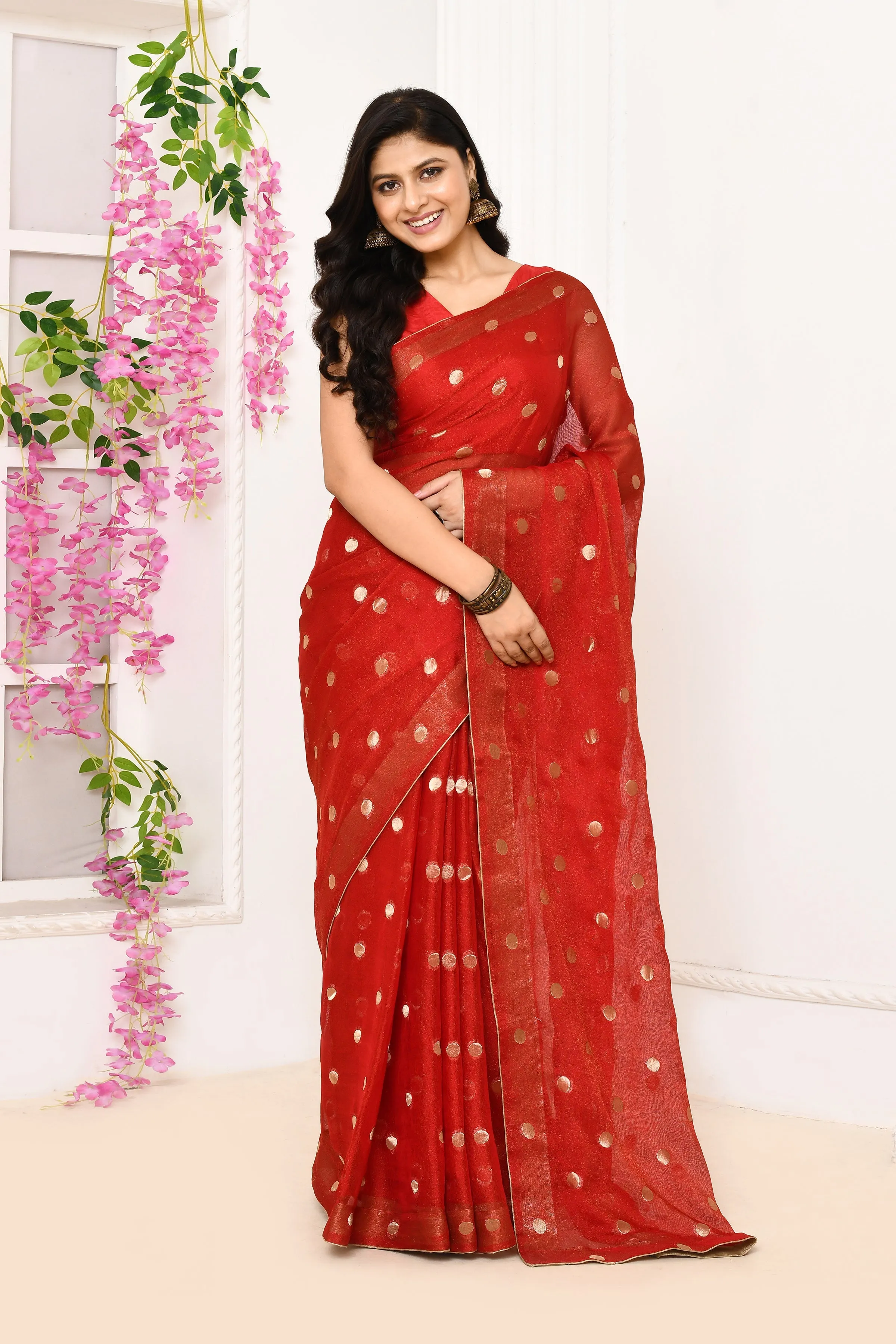 Red Chiffon Tissue Saree With Golden Polka Dots