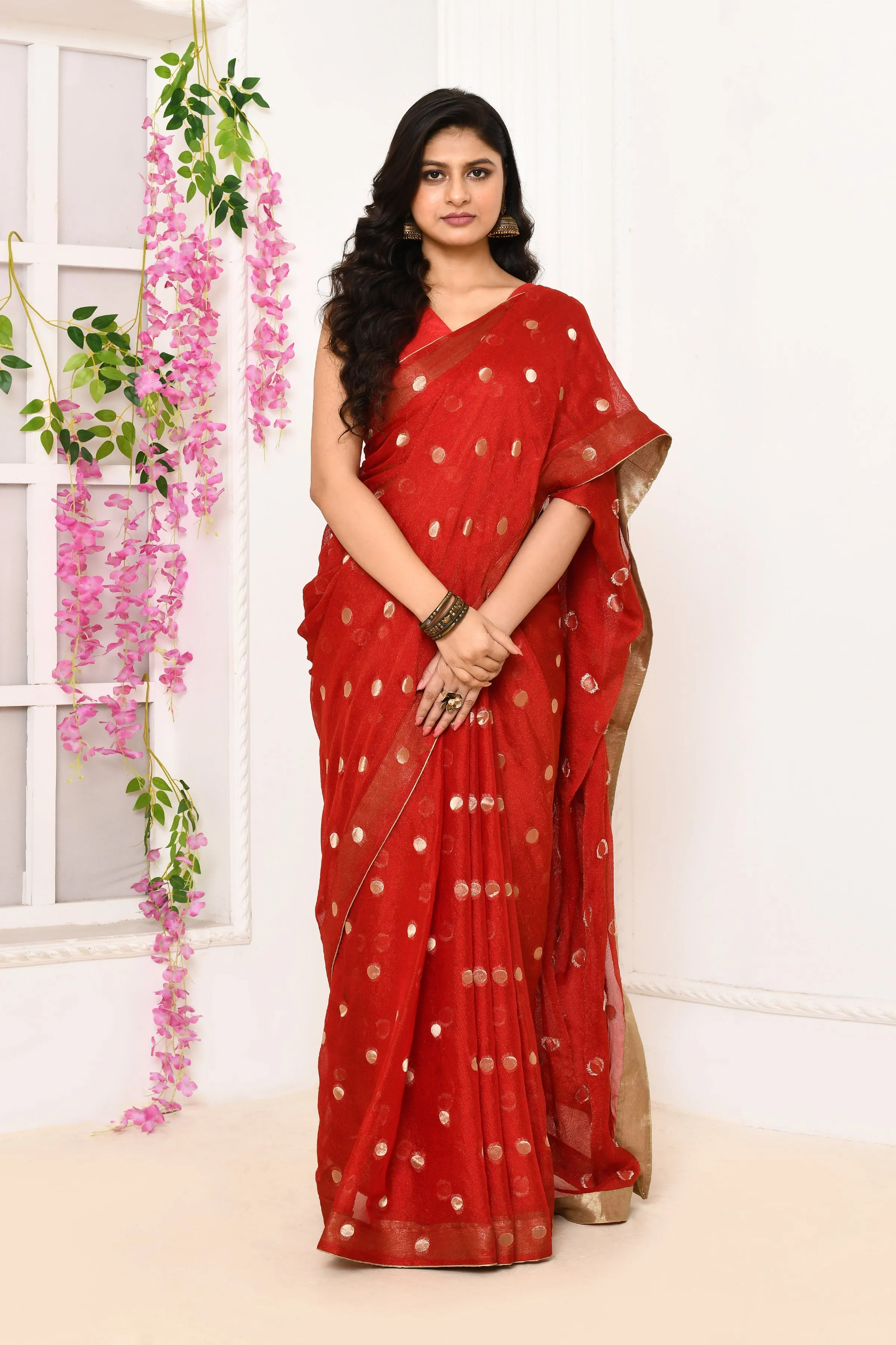 Red Chiffon Tissue Saree With Golden Polka Dots