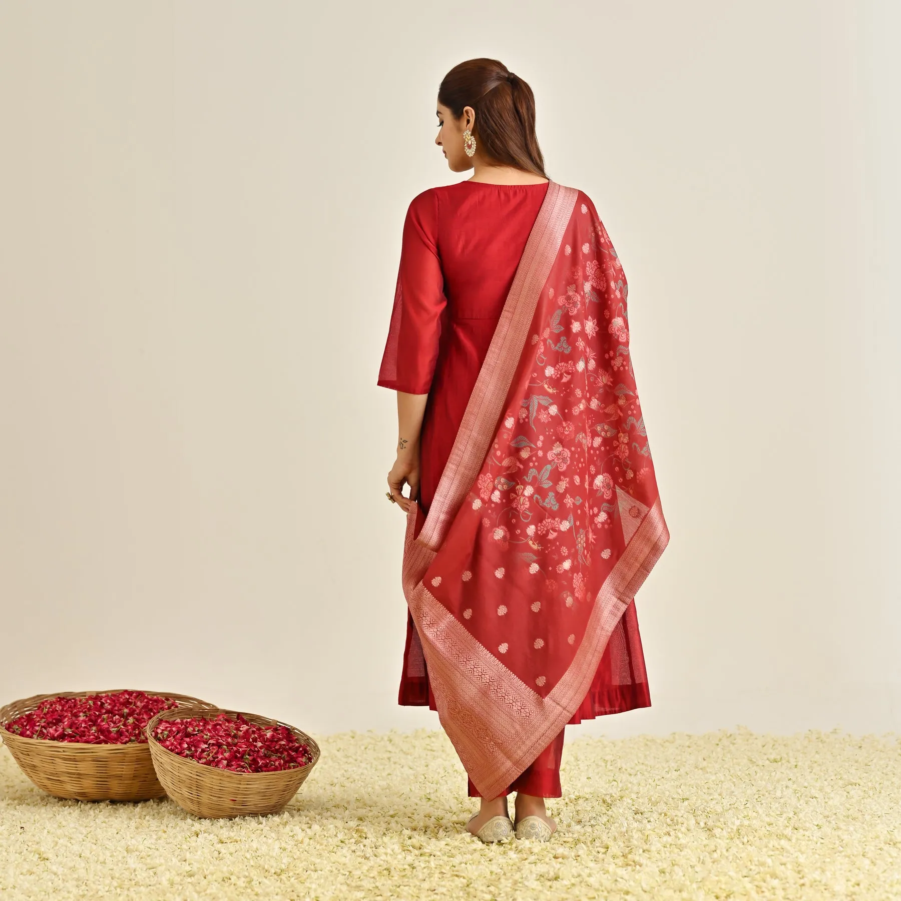 Red Festive Anarkali Set with Brocade Dupatta