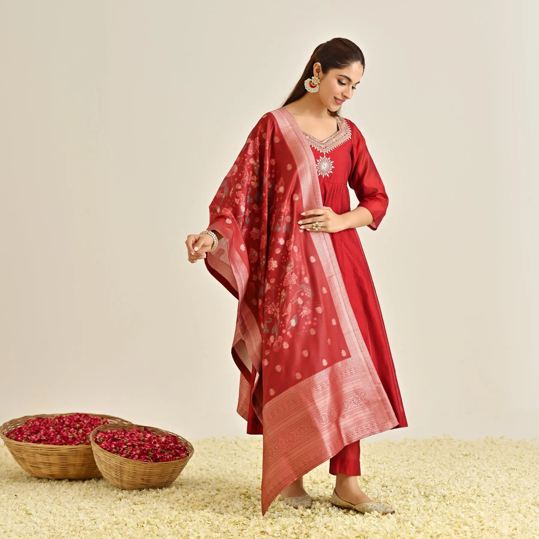 Red Festive Anarkali Set with Brocade Dupatta