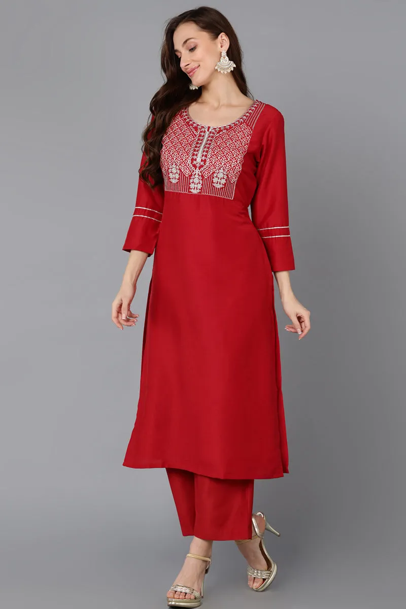 Red Silk Blend Straight Kurta Palazzo With Dupatta