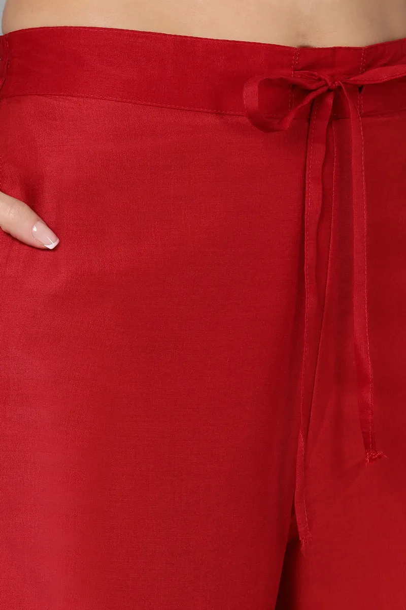 Red Silk Blend Straight Kurta Palazzo With Dupatta
