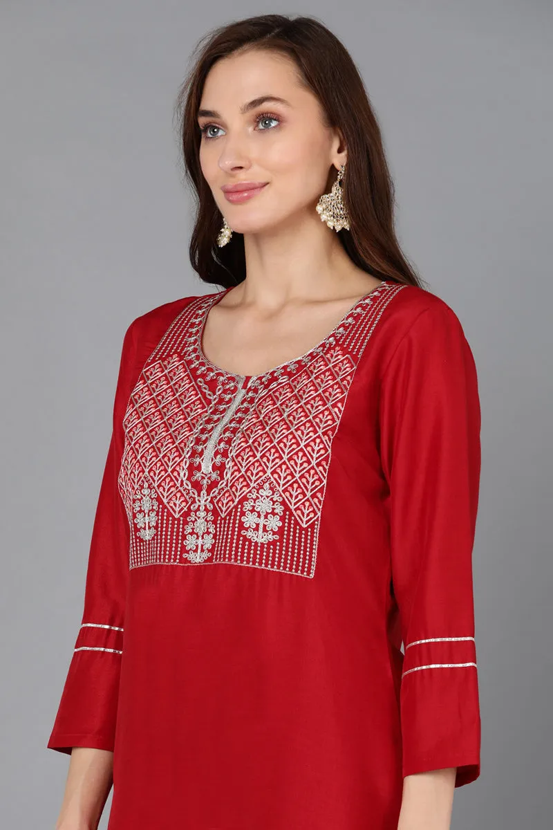 Red Silk Blend Straight Kurta Palazzo With Dupatta