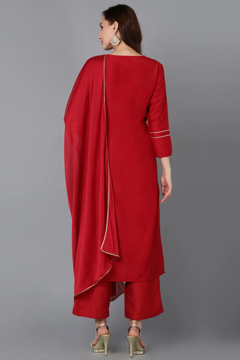 Red Silk Blend Straight Kurta Palazzo With Dupatta