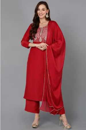 Red Silk Blend Straight Kurta Palazzo With Dupatta