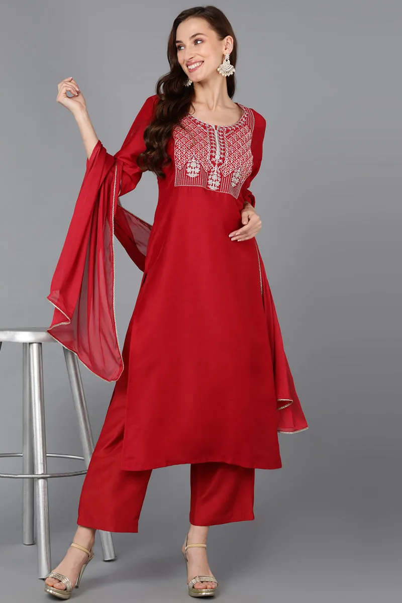Red Silk Blend Straight Kurta Palazzo With Dupatta