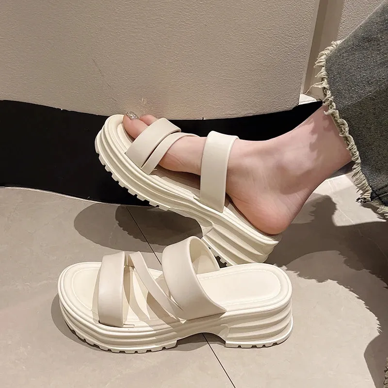 Sohiwoo Women's Slippers Summer Outdoor Thick Bottom Slippers for Female 2024 Fashion Platform Fashion Solid Color Non-slip Shoes