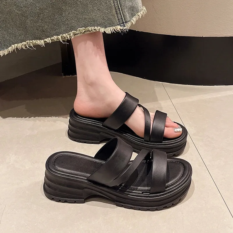 Sohiwoo Women's Slippers Summer Outdoor Thick Bottom Slippers for Female 2024 Fashion Platform Fashion Solid Color Non-slip Shoes