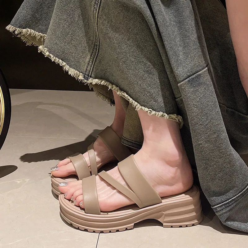 Sohiwoo Women's Slippers Summer Outdoor Thick Bottom Slippers for Female 2024 Fashion Platform Fashion Solid Color Non-slip Shoes