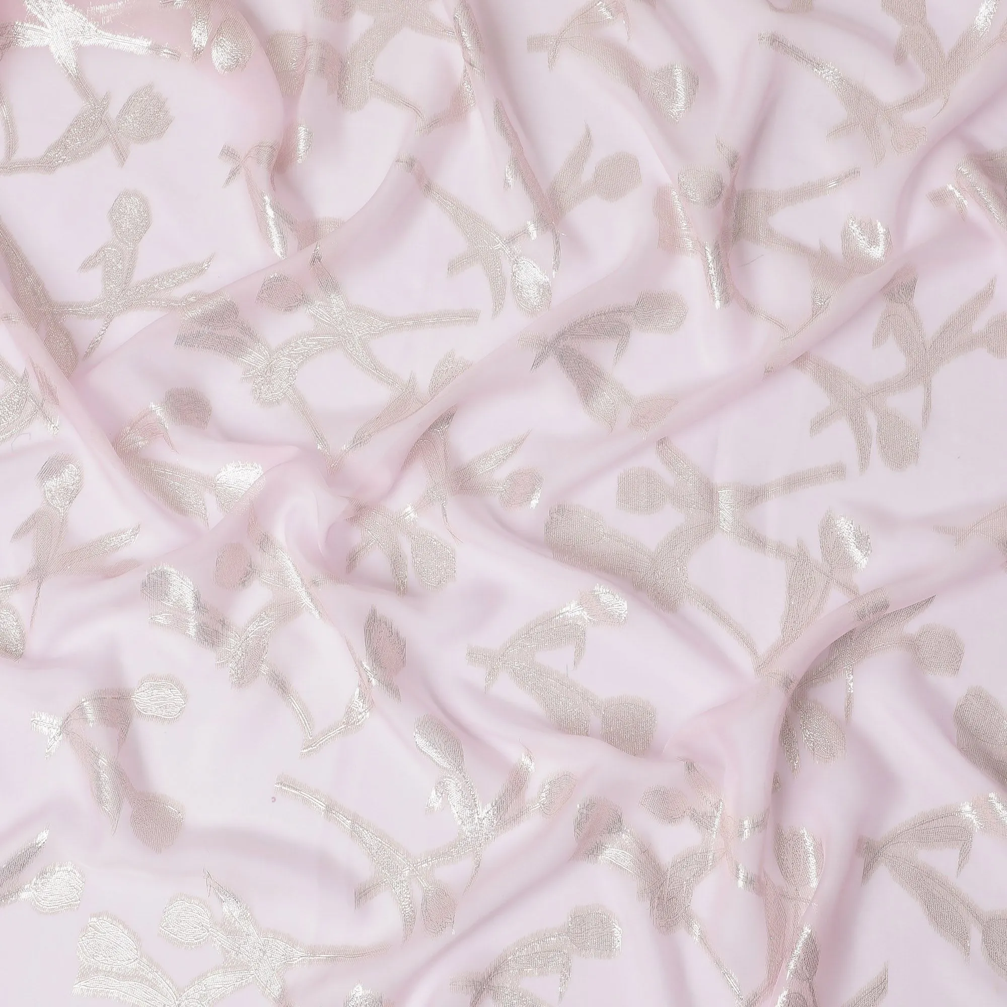 Sophisticated Blush Pink Pure Silk Chiffon Fabric with Silver Botanical Accents, 110cm Width - Traditional Garbasaar, Piece of 2.0 Mtrs-D18614
