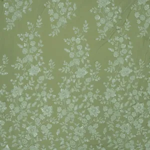 White Floral Bugle Beads Embroidered Lace on Tulle Fabric