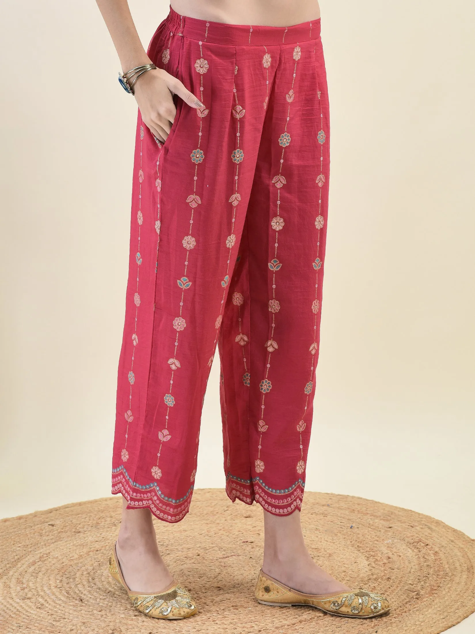 Women Silk Fuchsia Floral Print Kurta Comfort Pant Dupatta