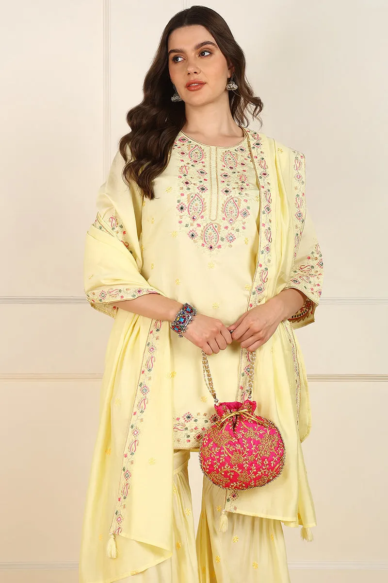 Yellow Silk Blend Embroidered Straight Suit Set