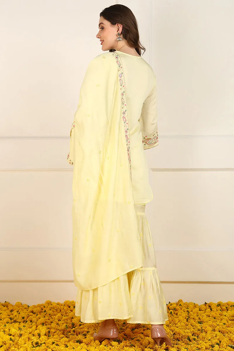 Yellow Silk Blend Embroidered Straight Suit Set