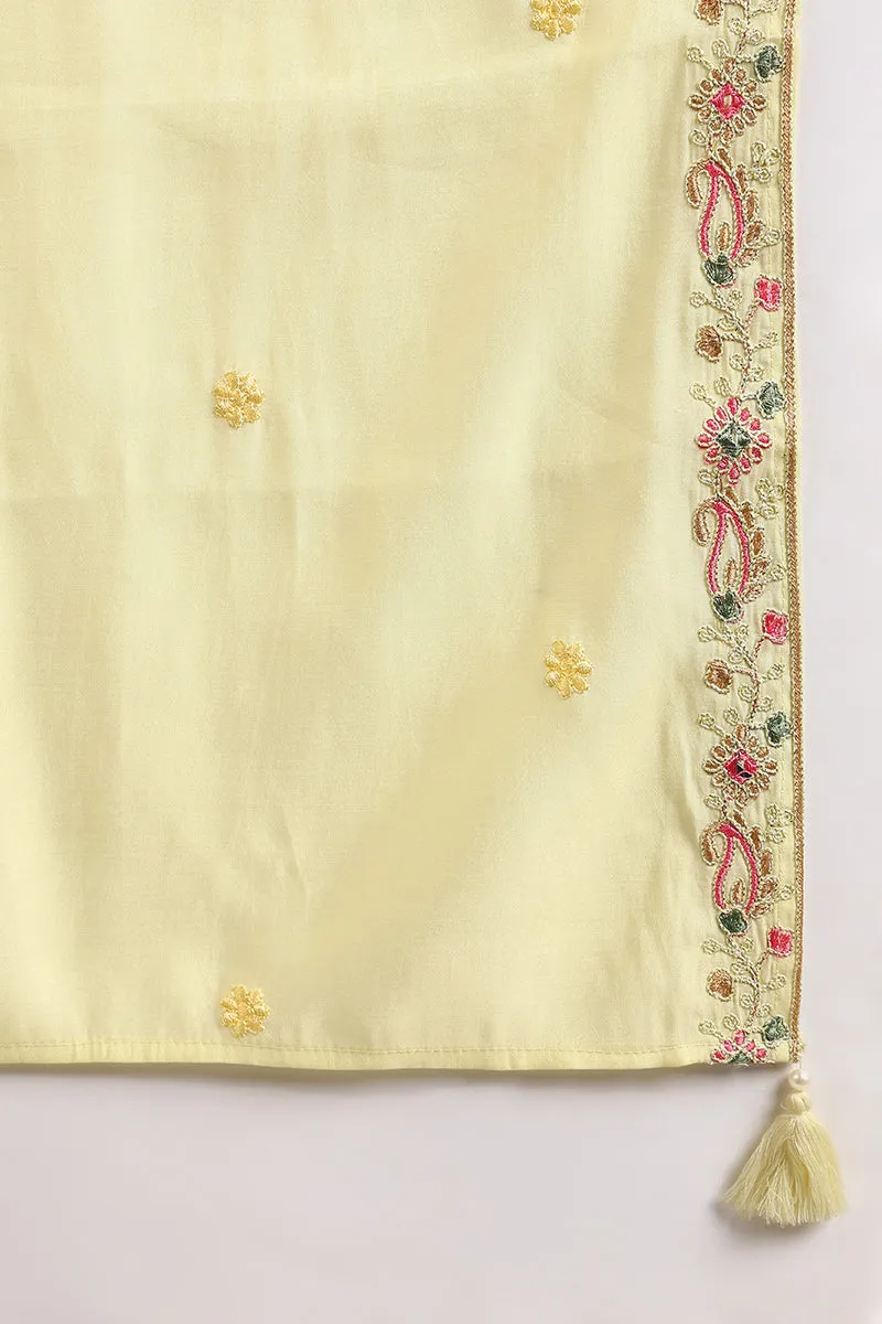 Yellow Silk Blend Embroidered Straight Suit Set
