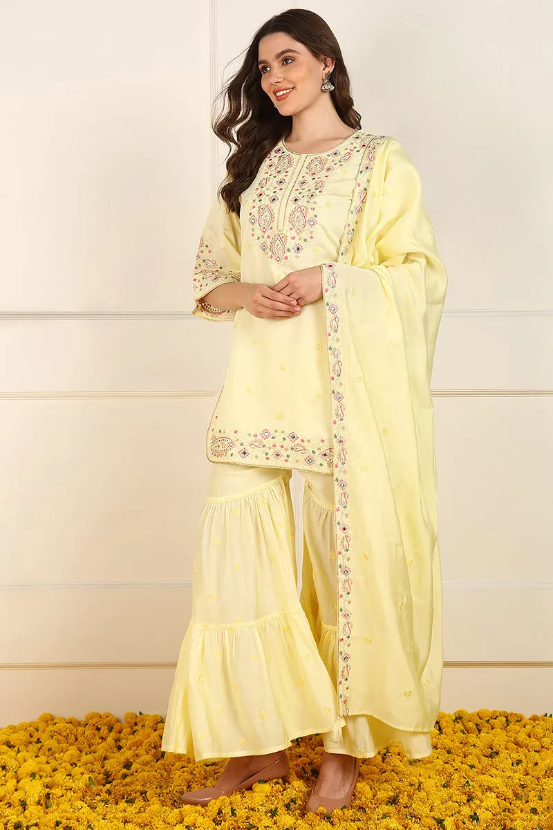 Yellow Silk Blend Embroidered Straight Suit Set