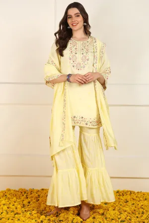 Yellow Silk Blend Embroidered Straight Suit Set