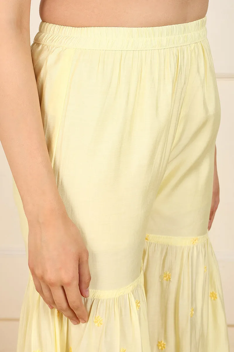 Yellow Silk Blend Embroidered Straight Suit Set