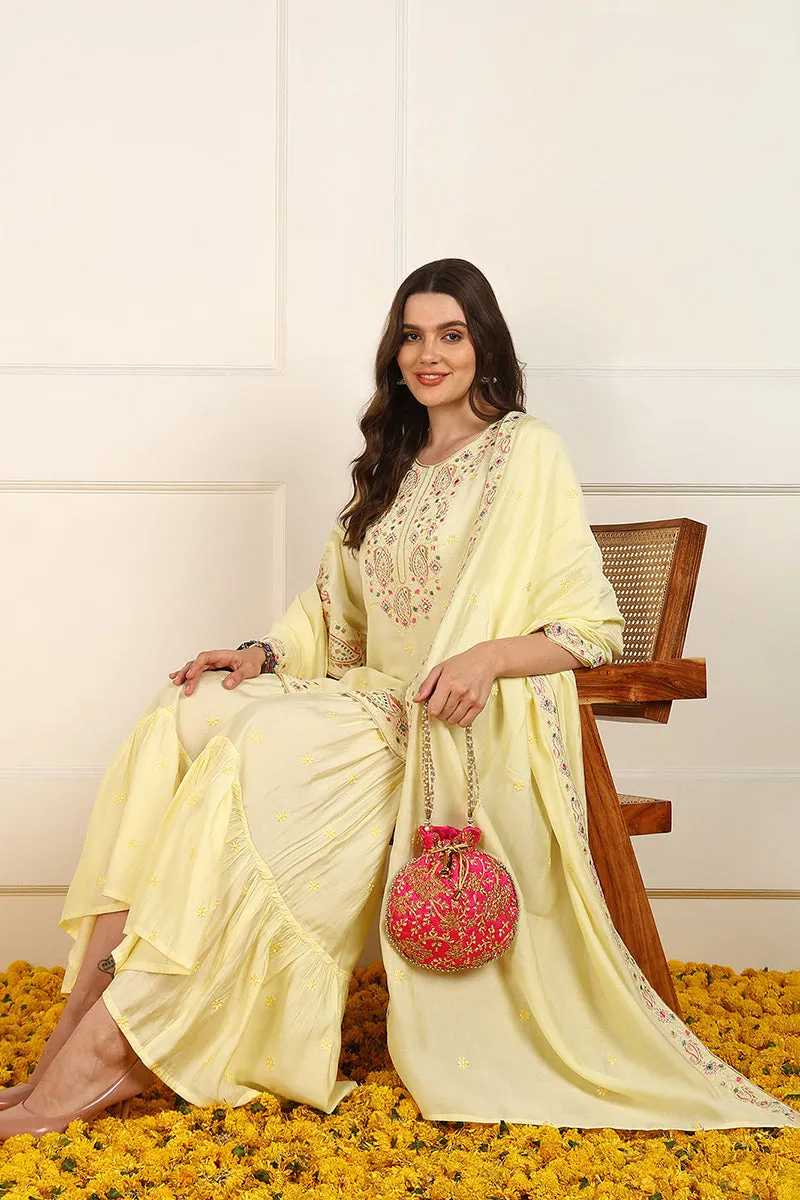 Yellow Silk Blend Embroidered Straight Suit Set